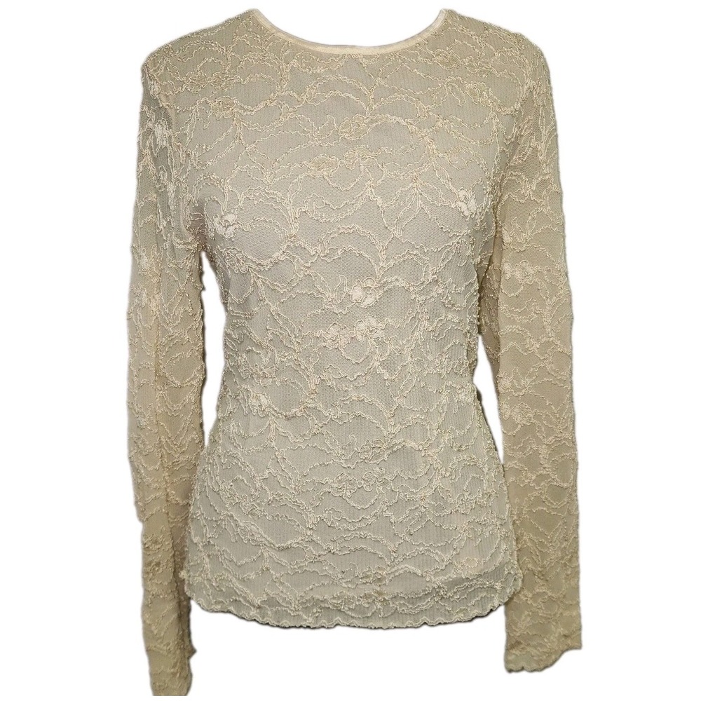 Ann Taylor Lace Overlay Blouse Top Cream Long Sleeve Fitted Large Coquette Y2K